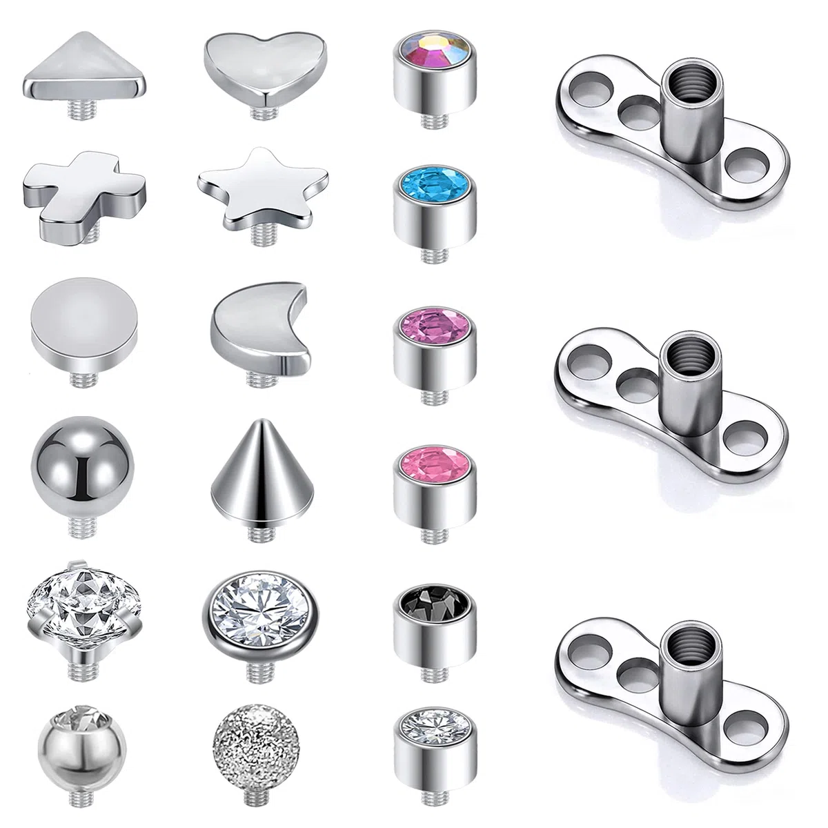 ZS 14G Acero Quirúrgico Roscado Internamente Dermal Anchor Base Microdermals Piercing for Mujeres Hombres, 14-19Pcs Zirconia Cúbica Dermal Anchor Tops 2.5mm 3mm 4mm