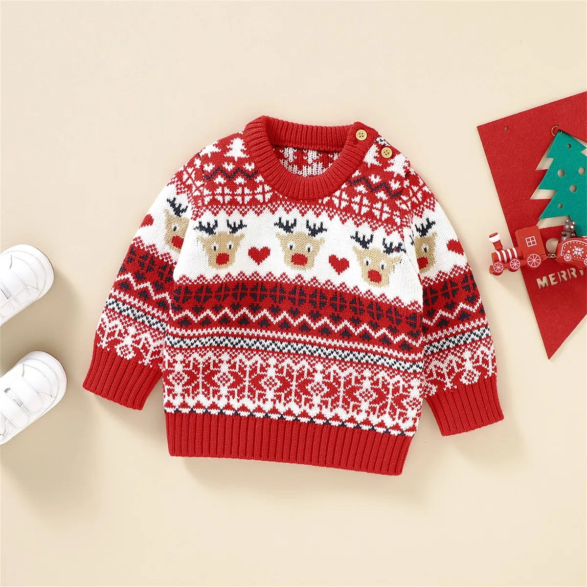 Jersey Navidad Niño Bebe Niña Reno, Jersey Navideño Niño, Suéter Sudadera de Punto de Manga Larga de Navidad de Invierno Rojo Ropa Bebe con Botones
