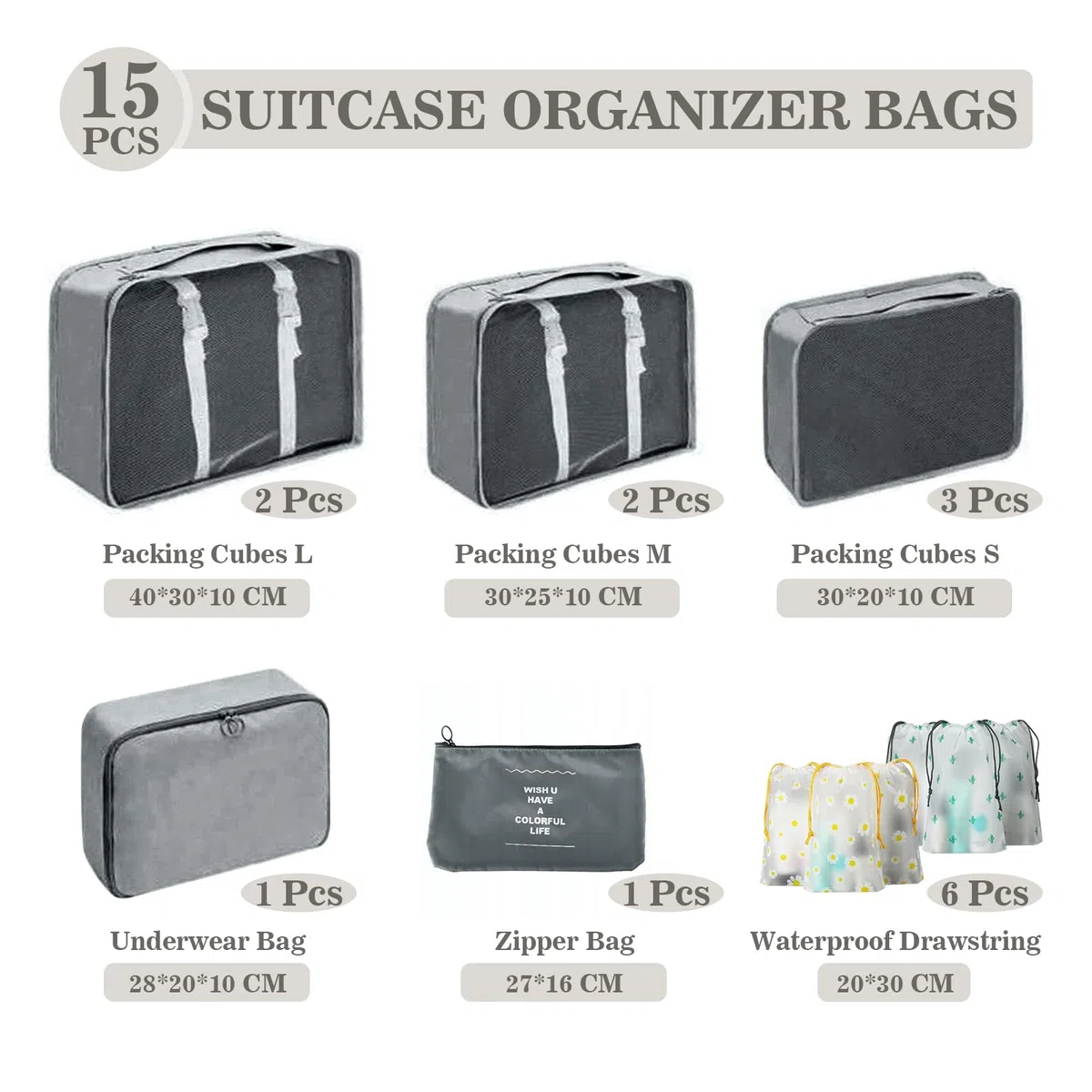 GIBOHOM Organizador Maleta, 15 Piezas Bolsas Organizadoras Maleta, Impermeables Packing Cubes Resistentes al Desgarro, Organizador de Maletas para Guardar Ropa Mientras Viaje y en Casa, Gris