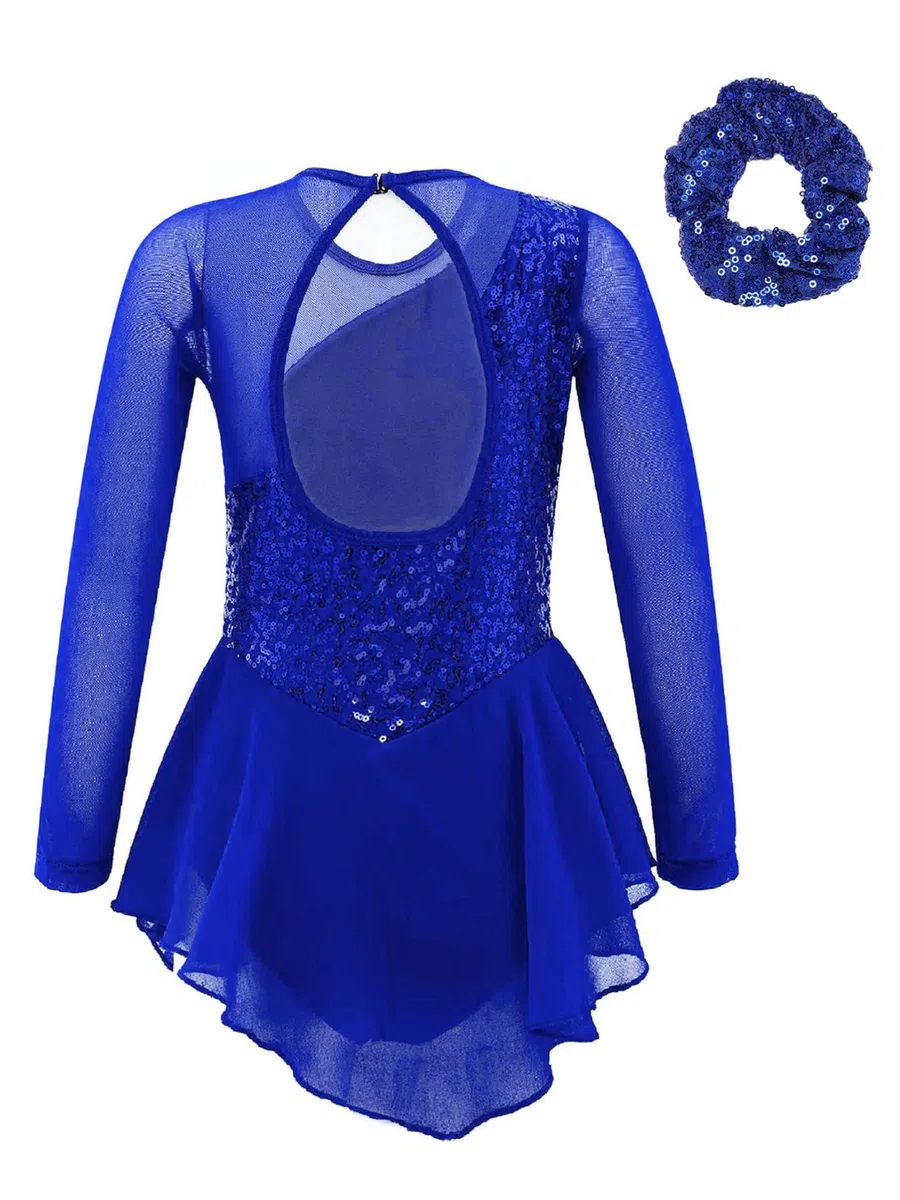 Alvivi Vestido Baile de Patinaje Artistico Niña Brillantes Maillot con Falda Gimnasia Rítmica de Manga Larga con Diadema Traje Patinaje Competición Niña