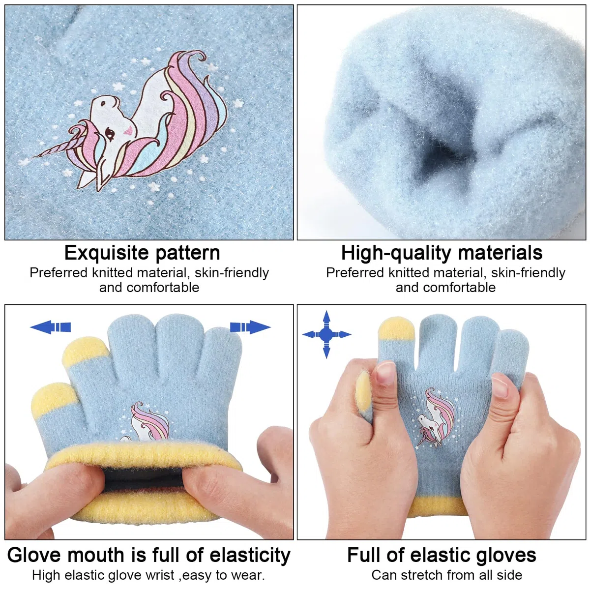 QKURT 3 pares para niños guantes de punto caliente, guantes de arena de cristal colorido guantes de dedos completos para niños con un nuevo patrón de unicornio para niñas de 1 a 5 años