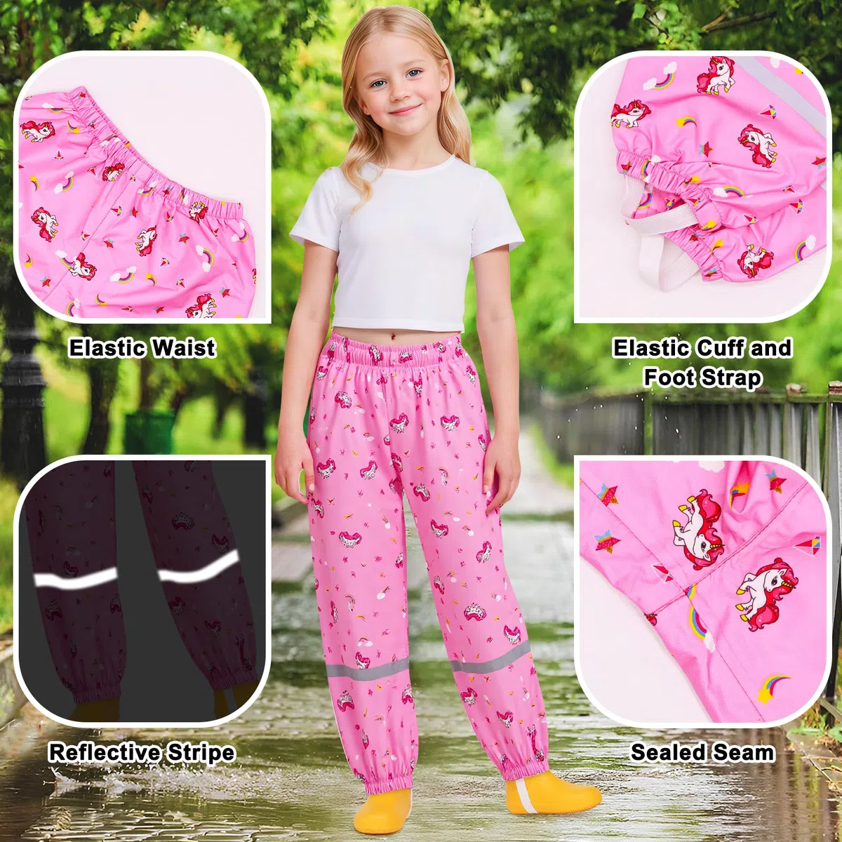 Pantalon Impermeable Niño Niña Pantalón de Lluvia Transpirable Pantalón Barro Reflectante 1-10 años