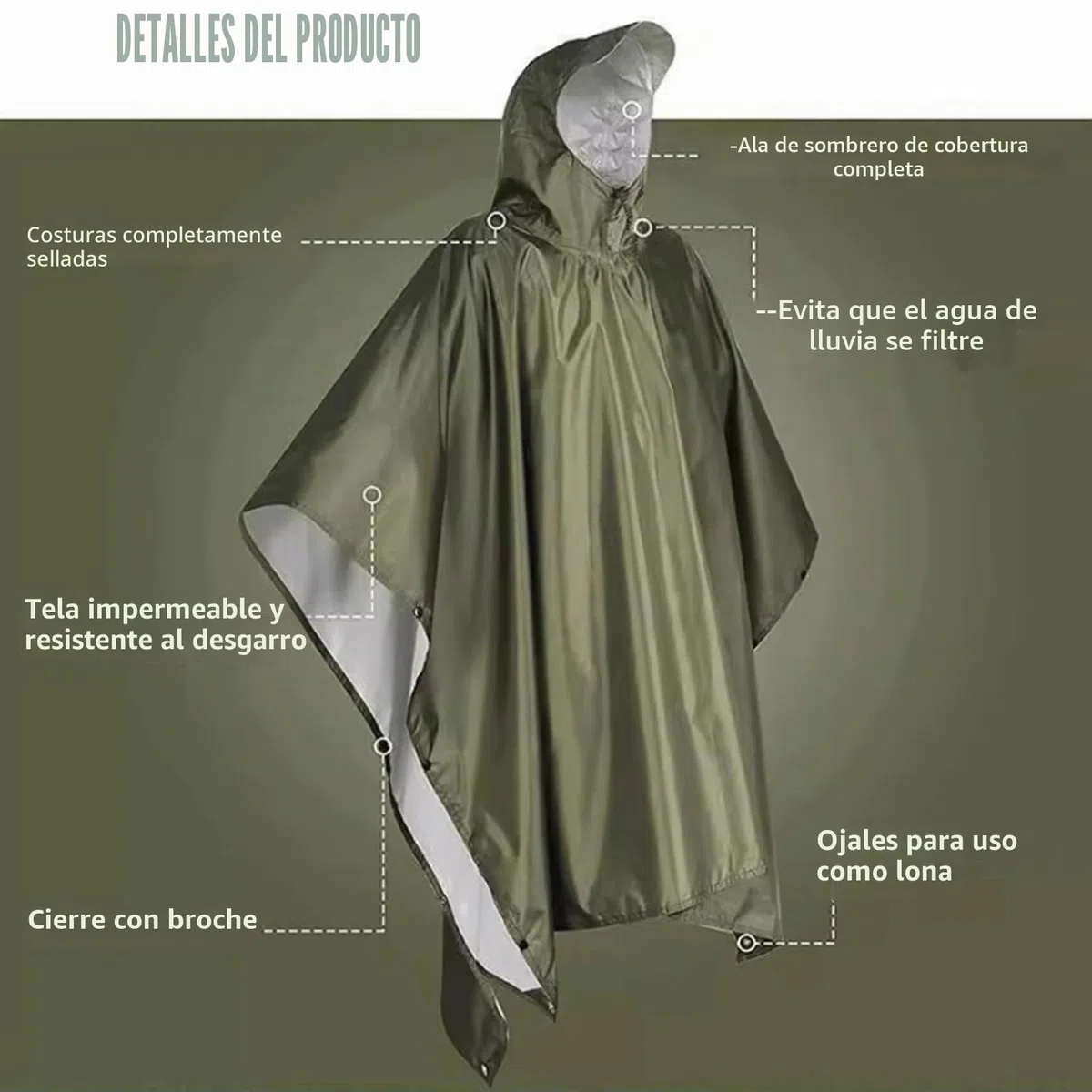 Poncho impermeable ligero con ala, impermeable verde para adultos, 3 en 1, multifuncional, reutilizable, para caza, ciclismo, viajes, senderismo al aire libre
