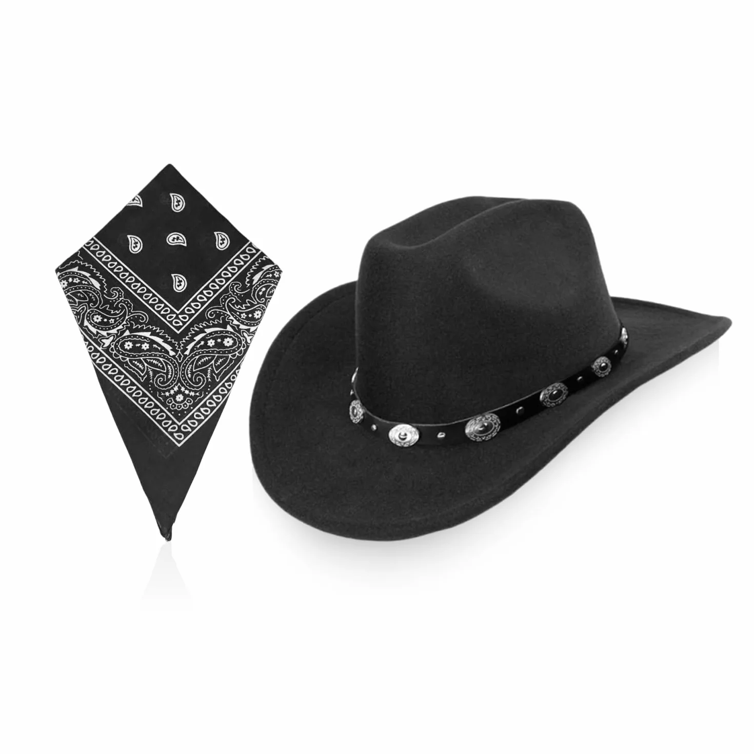 1 Sombrero De Fieltro De Vaquero De Ala Ancha Y 1 Bufanda Cuadrada Multifuncional, Sombreros Retro, Accesorios De Ropa, Sombreros Simples De Moda
