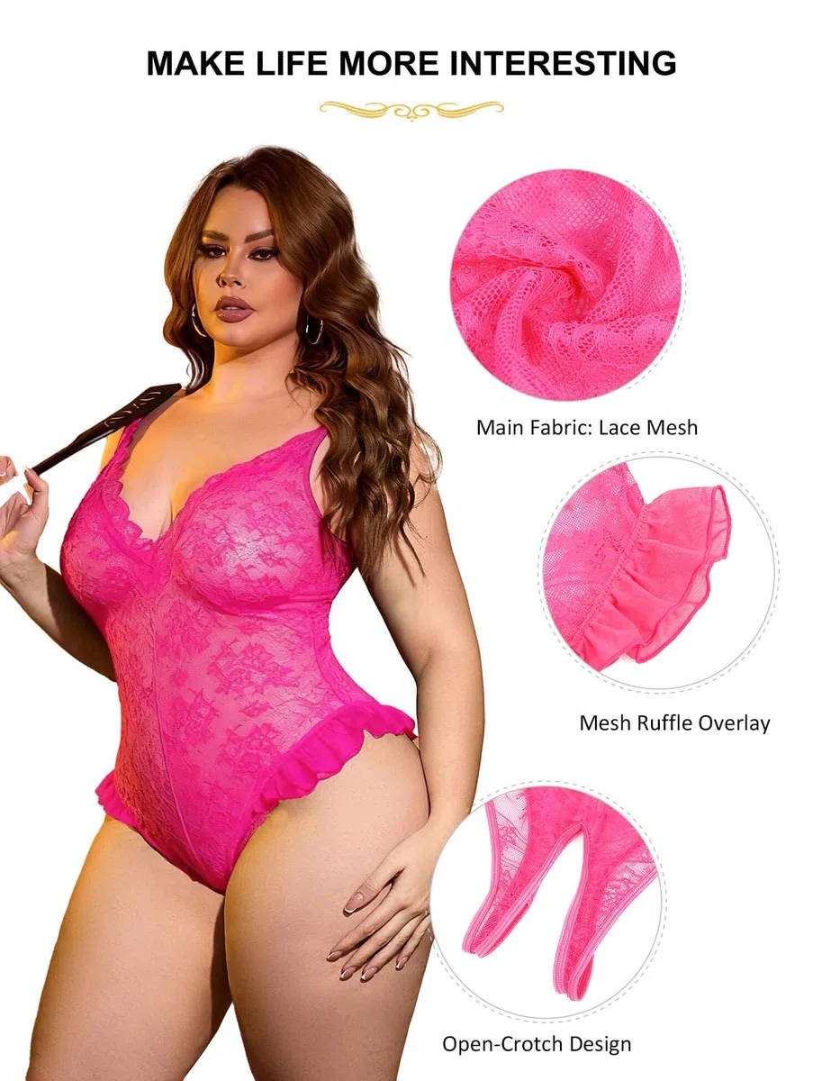 comeondear Lenceria Sexy Mujer Abierta Conjunto Lenceria de Encaje Abierto Body Lencero Escote en V Profundo Ropa Interior Sin Entrepierna Talla Grande Lingerie Feminina Sin Espalda Fiesta