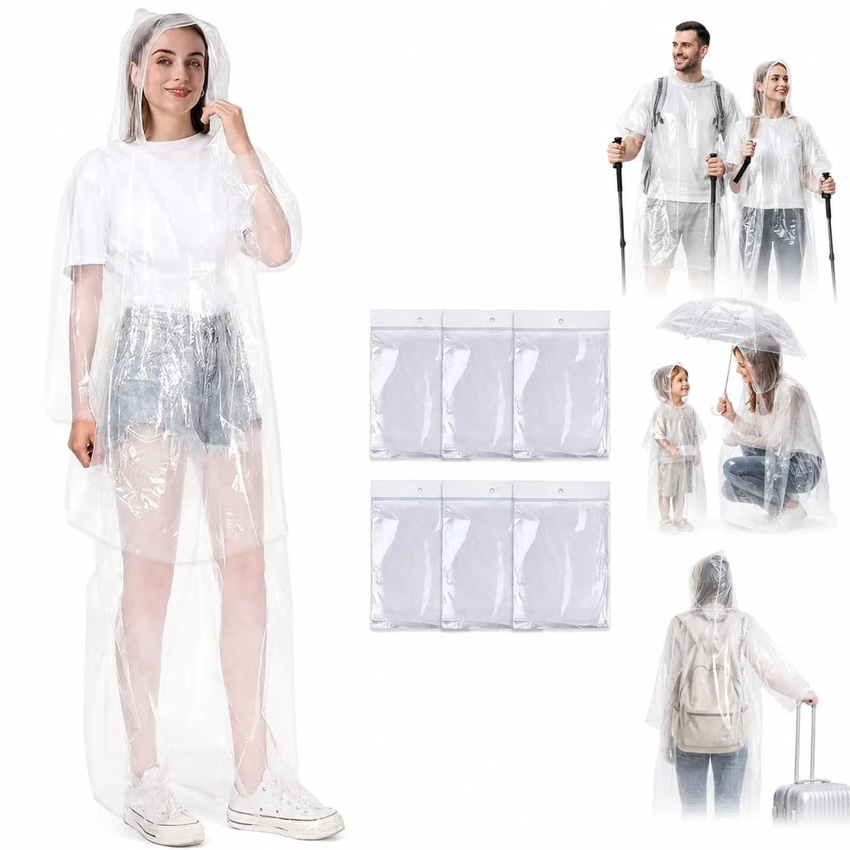 6 Piezas Chubasquero Transparente Desechables,Poncho Impermeable,Chubasqueros Impermeable con Capucha y Mangas,Plegable Poncho Emergencia Impermeable,para Viajes, Picnic, Deportes