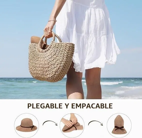 Sombrero Playa Mujer Verano UPF 50+ Gorro Sol de ala Ancha con Decoración de Lazo Playa Accesorios Plegable Gorra de Sol para Viajes Vacaciones (Caqui)