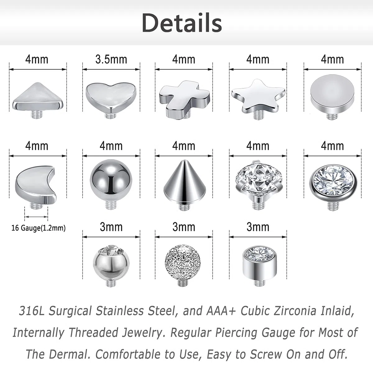 ZS 14G Acero Quirúrgico Roscado Internamente Dermal Anchor Base Microdermals Piercing for Mujeres Hombres, 14-19Pcs Zirconia Cúbica Dermal Anchor Tops 2.5mm 3mm 4mm