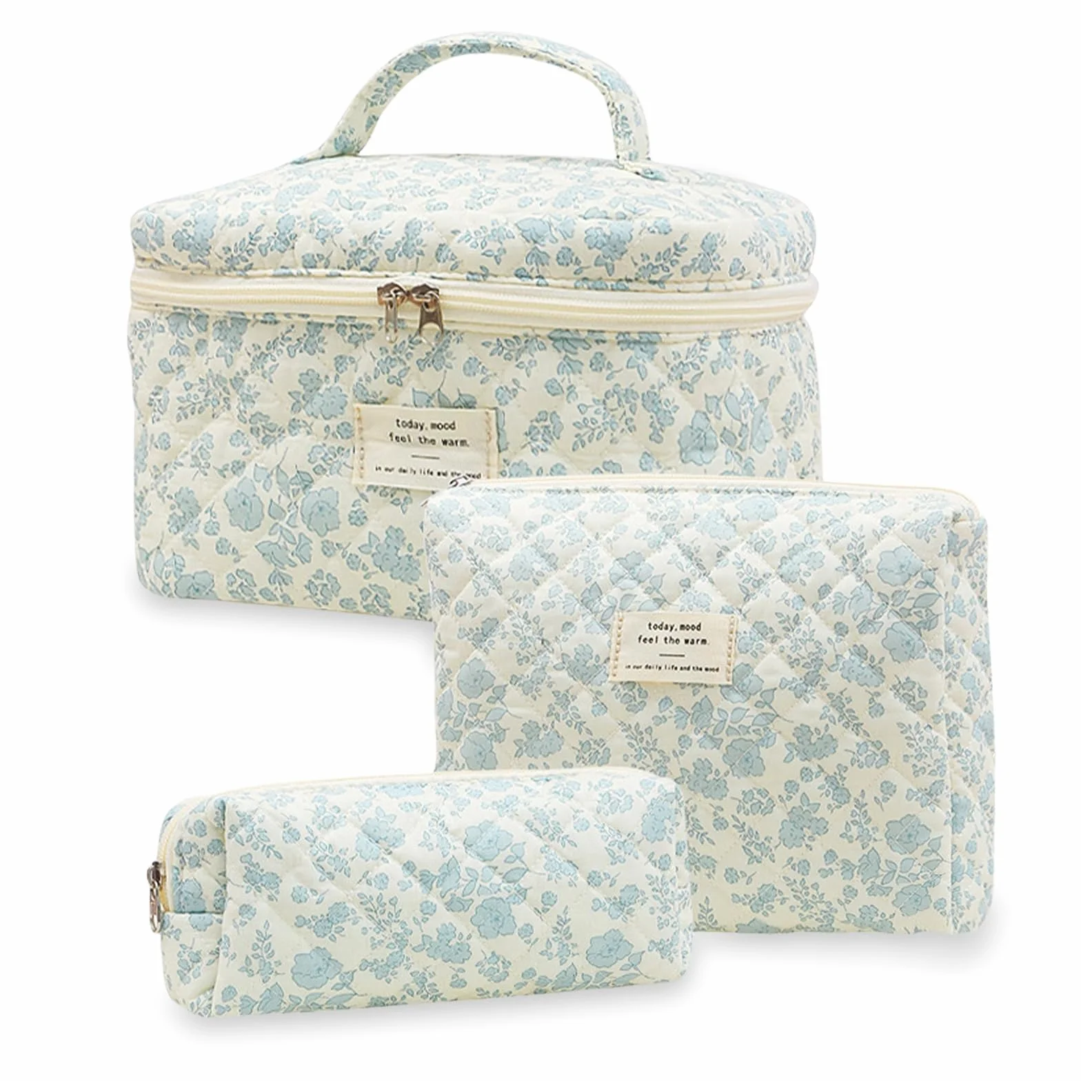 Aucuu 3PC Bolsa De Maquillaje De Algodón Floral - Grande Bolsa Cosméticos Acolchada para Viaje y Almacenamiento