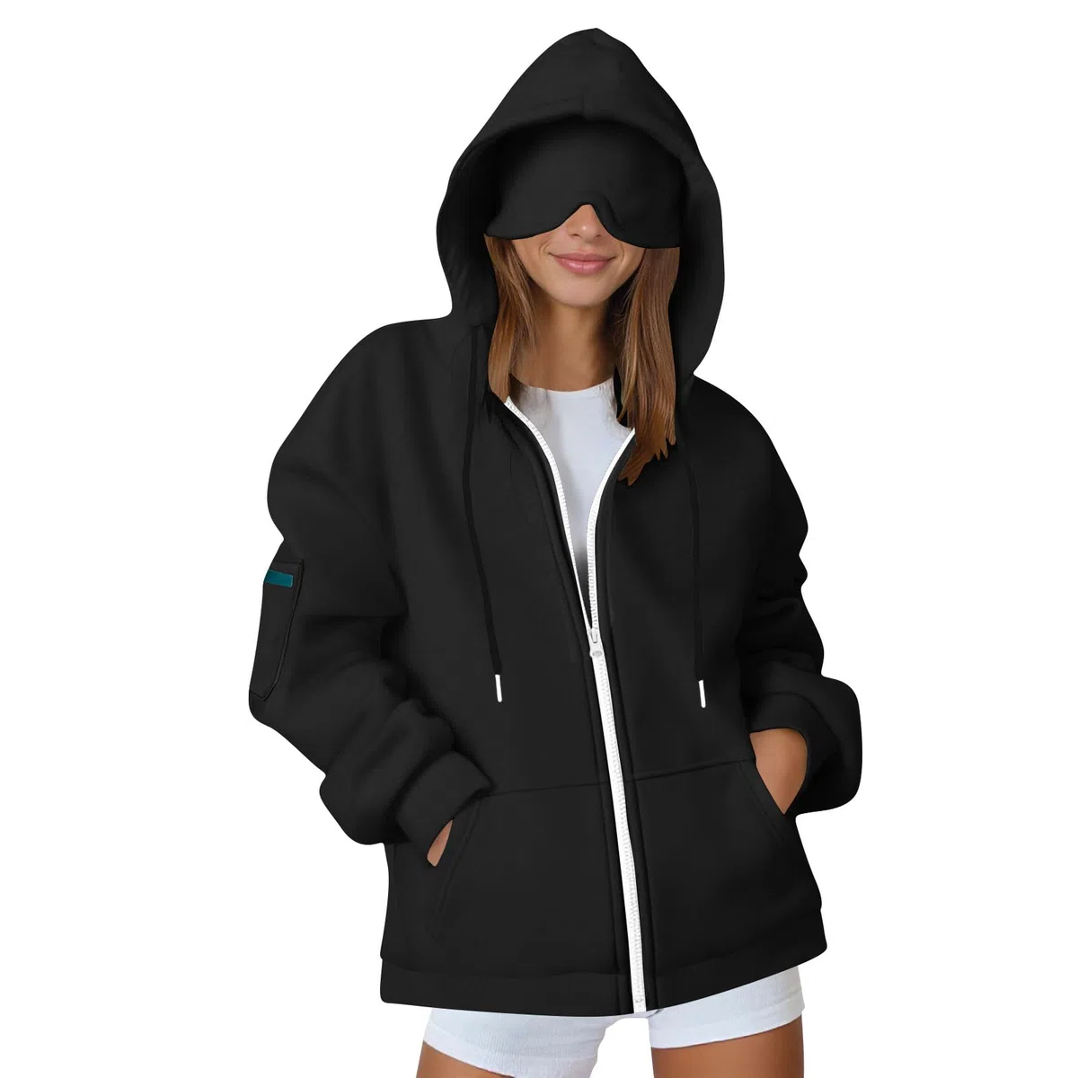 Sudadera con capucha de viaje con máscara de ojos integrada en avión, sudaderas de gran tamaño para mujer, otoño e invierno, informales, cómodas, sudaderas de manga larga, sudaderas con capucha con