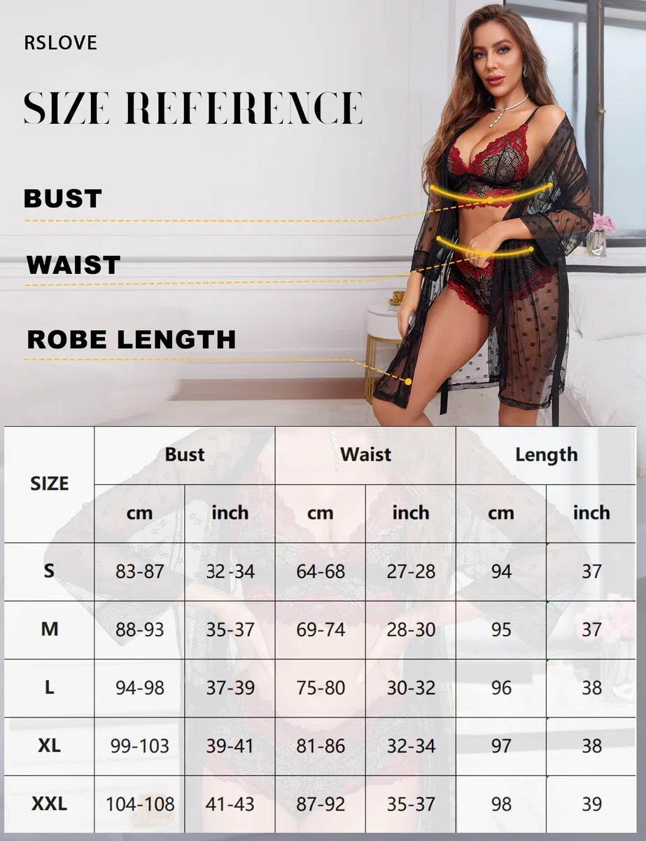 RSLOVE Lenceria Sexy para Mujer Conjunto de lenceria de encaje con albornoz de malla Conjunto de 3 piezas Ropa de dormir Ropa de dormir