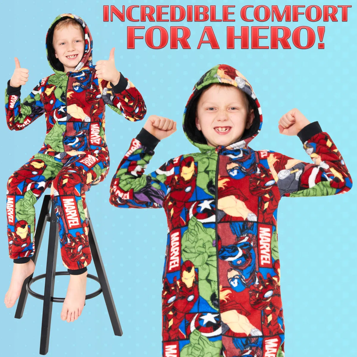 Marvel Pijama Polar para Niños - Mono con Capucha Entero 9 a 15 años Invierno, Disfraz Regalo Chicos, Navidad