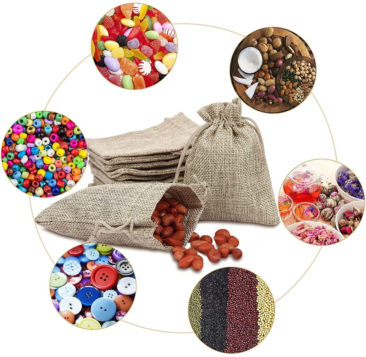 LATRAT 50 bolsas de yute con cordón, 9 x 7 cm, para joyas y regalos, lino y algodón, para bodas y dulces