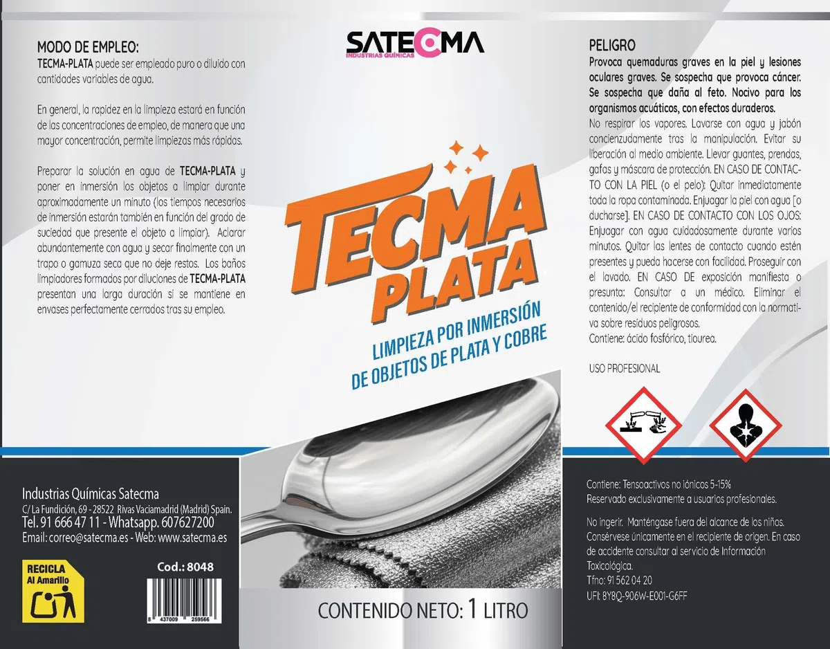 Limpiador Concentrado para Plata TECMA PLATA, Botella 1 Litro | Para realizar baños por inmersión. Apto también para bronce, cobre, laton