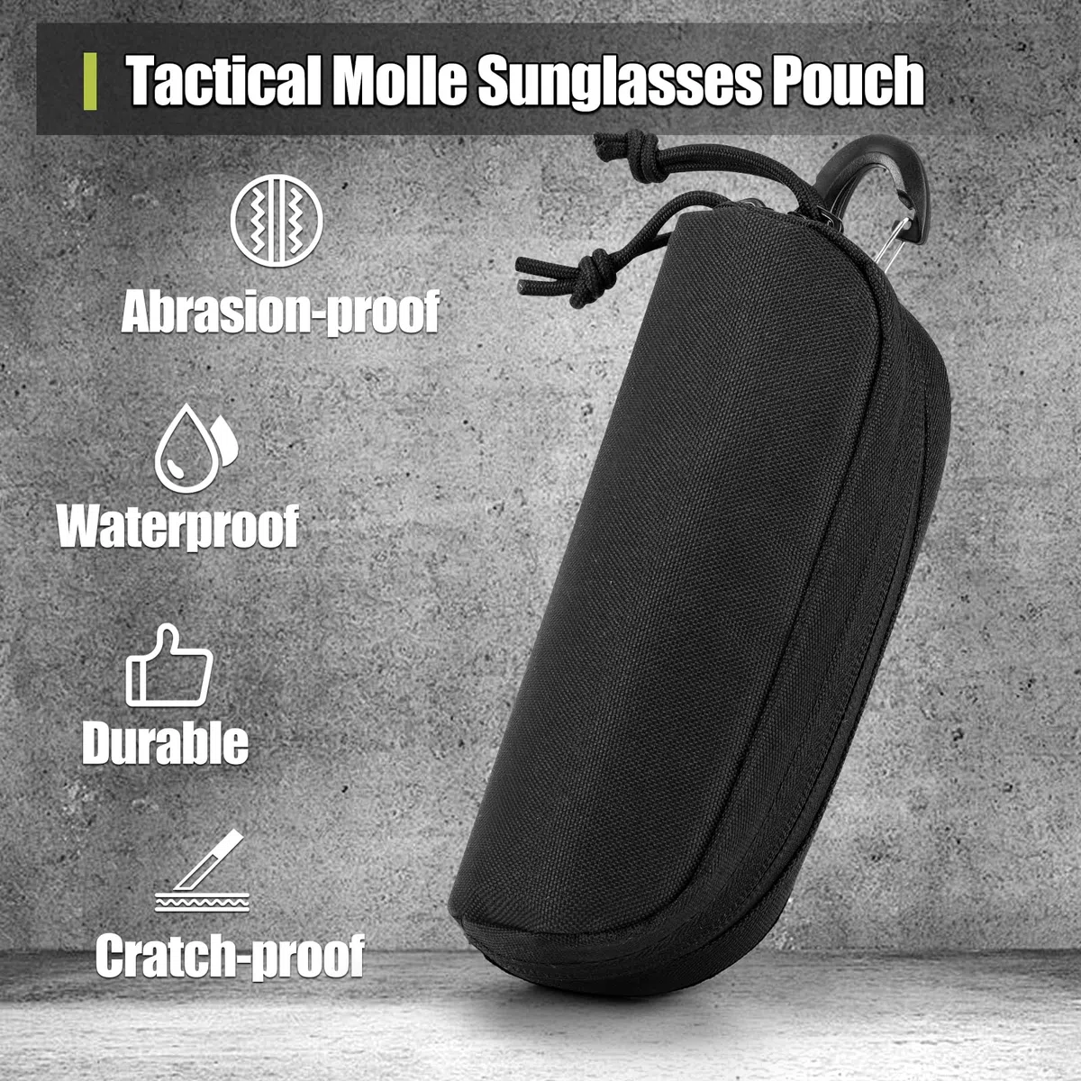 MoKo Estuche para Gafas MOLLE Táctico, Funda de Gafas de Sol de Tela Oxford Impermeable Bolsa de Gafas Portátil Antichoque con Cremallera y Mosquetón para Senderismo Actividad al Aire Libre, Negro