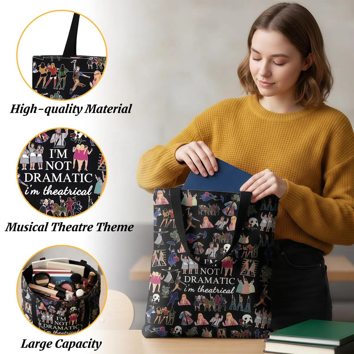 Bolsa Tote de Musical de Broadway, Bolsa de Tela I'm Not Dramatic I'm Theatrical, Regalos para Amantes del Teatro y Musicales, Bolso de Hombro, Negro