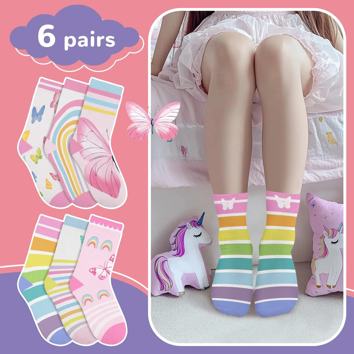 6 Pares Calcetines Niñas Infantiles con Patrones Coloridos Lindas Mariposas y Rayas de Arco Iris Calcetín Crew Tobilleros Suaves Regalos 3-14 años Tamaño 26-38