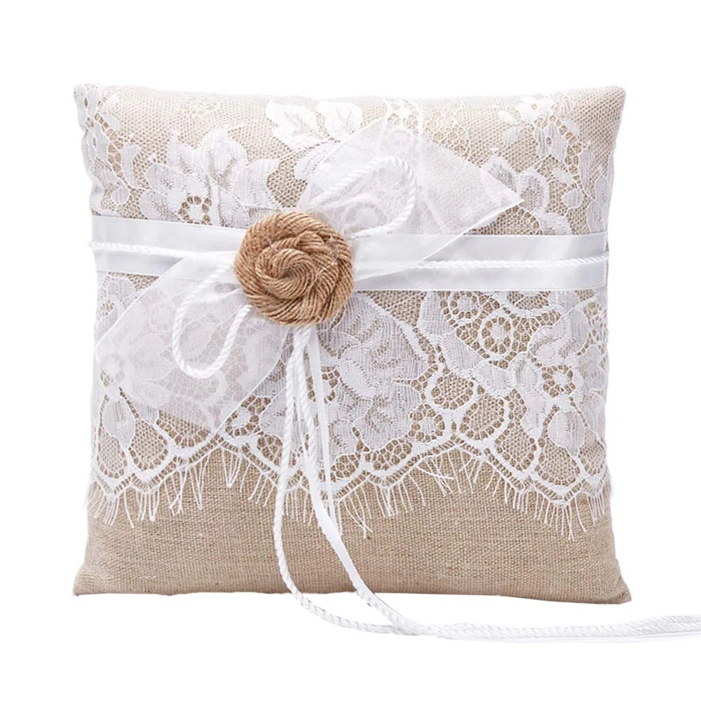 Cojín de Anillo de Boda Yute Hechas a Mano con Flores arpillera 19 cm * 19 cm