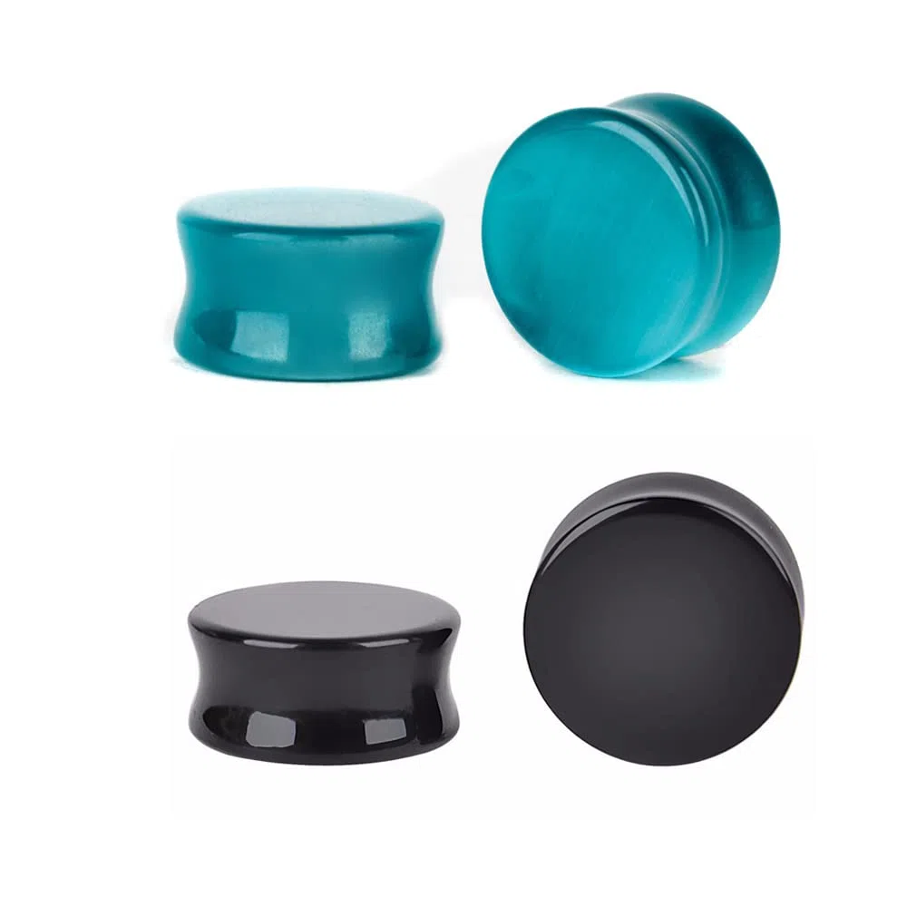2 pares de dilatadores de oreja de piedra orgánica de ojo de gato y ónix negro, expansores de túnel, dilatadores de doble acampanado para el cuerpo