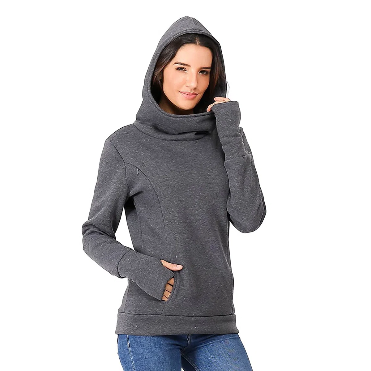 Jersey de lactancia para mujer, manga larga, cuello alto, jersey de maternidad, sudadera de invierno con bolsillos, sudadera de lactancia de dos capas, para embarazo, ropa de maternidad