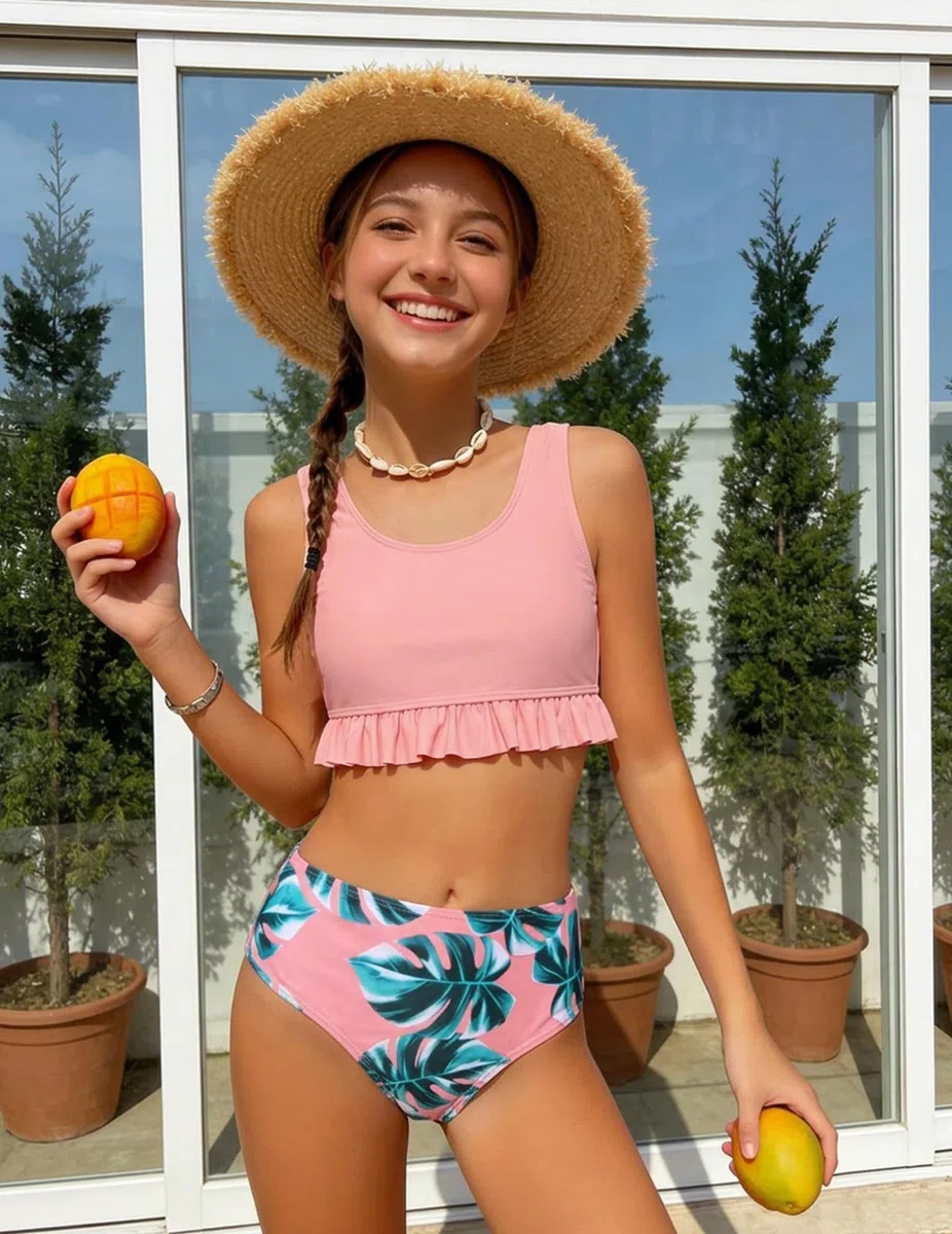 Arshiner Conjunto Bikini para Niñas Volantes Bustier Braguitas Bikini Tankini para Niños Trajes Baño Verano Dos Piezas Estampado Floral Ropa Playa para Surf 5-14 Años
