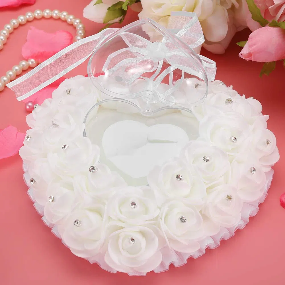 Almohada de Anillo de Boda, Caja de Anillo de Boda para Portador de Anillo en Forma de Corazón para Compromiso de Propuesta, Caja de Anillo de Corazón de Boda de Rosa de Cristal de Encaje(Blanco)