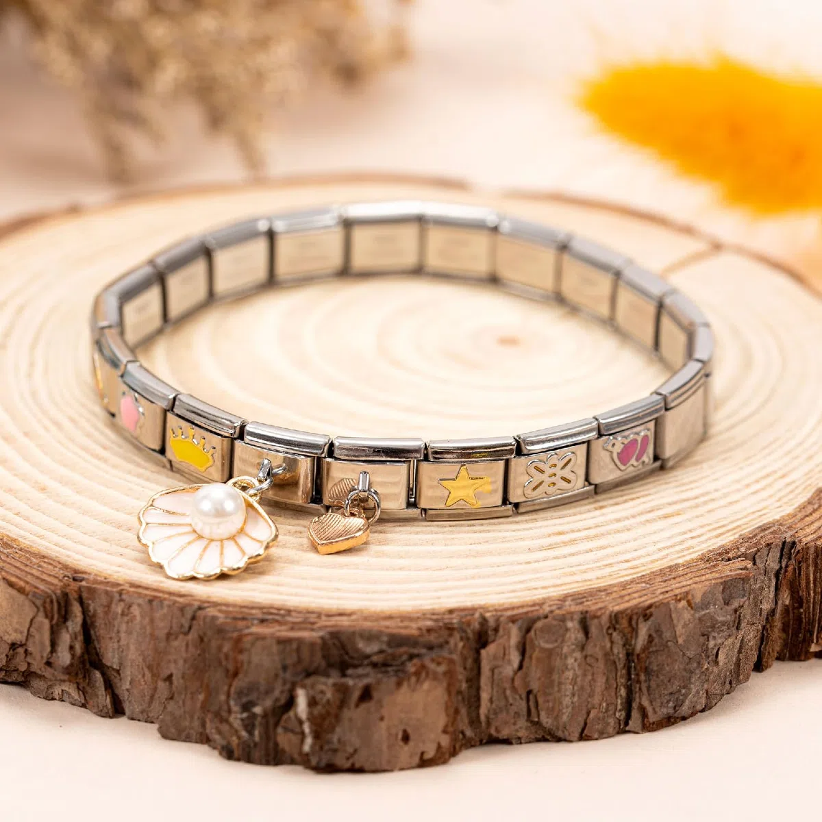 Pulsera italiana con 8 colgantes italianos con herramientas de apertura, módulos extraíbles de 9 mm para pulseras italianas, de acero inoxidable italiano para mujer