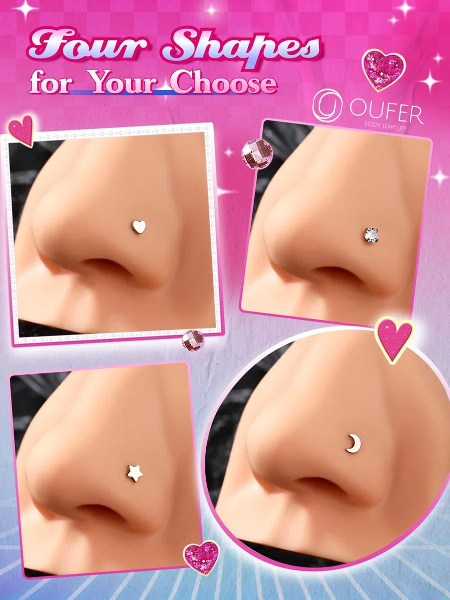 OUFER Piercing de nariz de titanio G23 de 20 g, 4 unidades, en forma de S, joyería de nariz de circonita cúbica transparente, tornillo de nariz de 7 mm, piercing de nariz con forma de corazón,