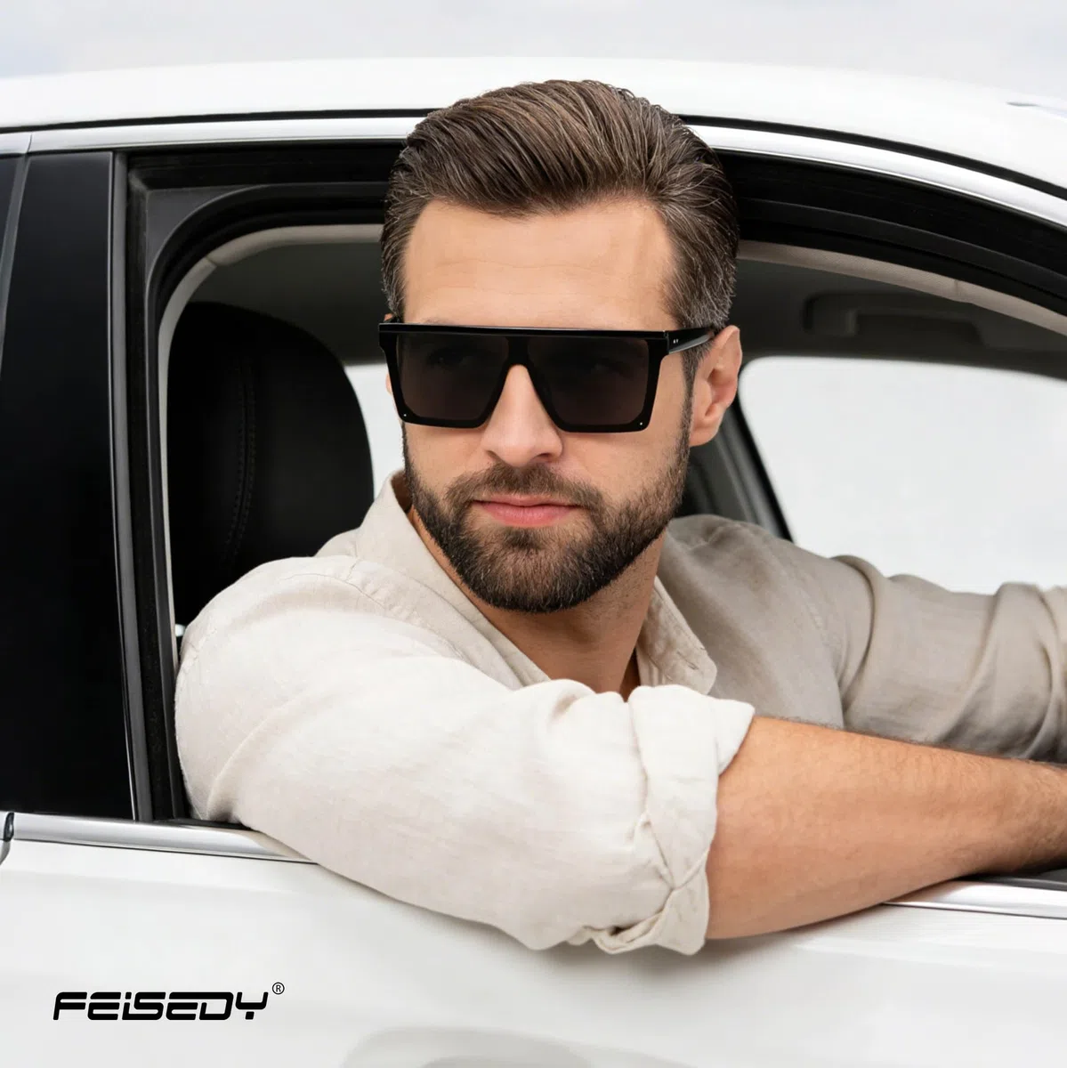 FEISEDY Gafas de Sol Hombre Cuadradas de Lente Siamés de Moda UV400 Gafas de Sol Grandes con Tapa Plana para Hombre y Mujer B2470