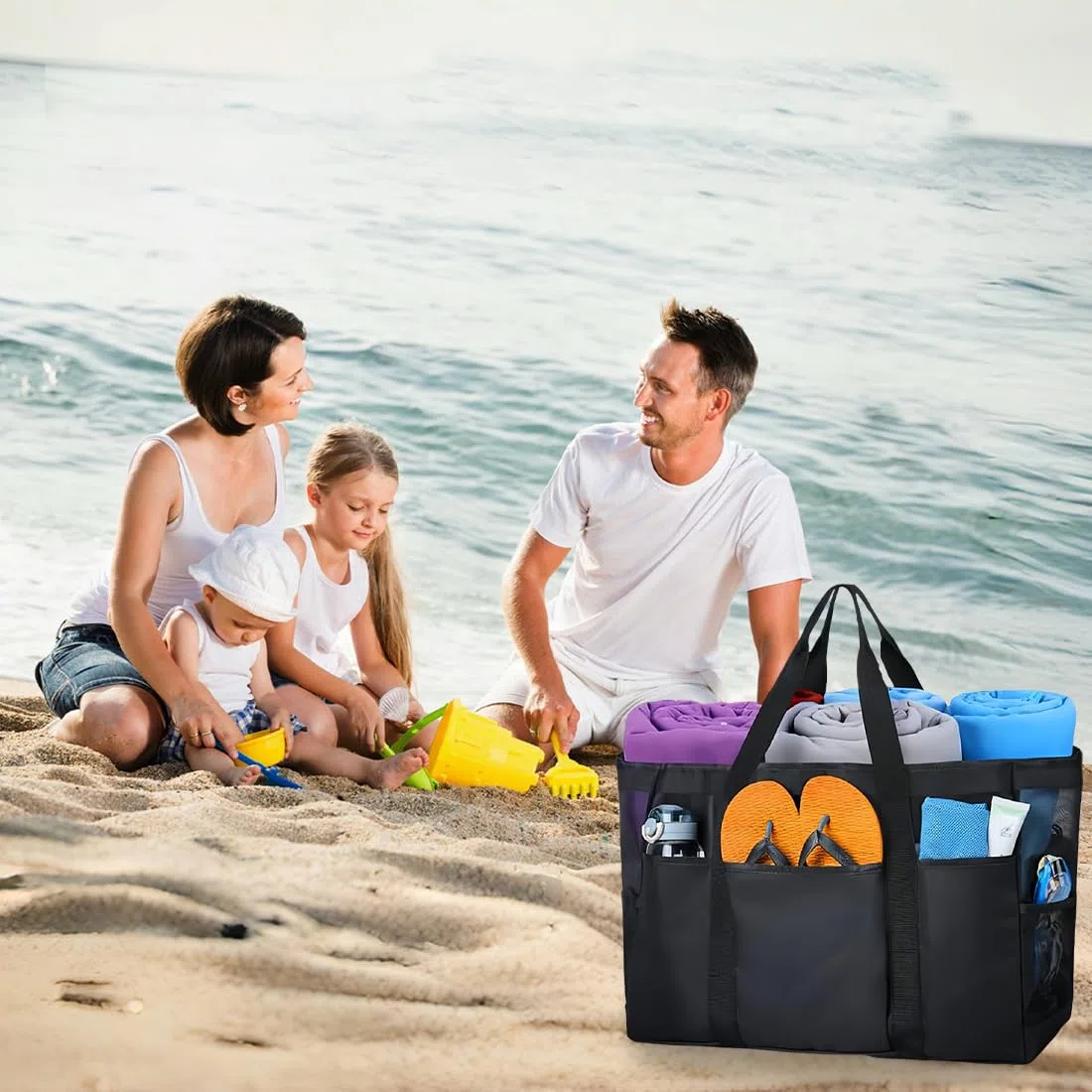 Bolso de Playa de Malla Negro XXL Familiar con Cremallera,50 * 34 * 20cm Bolso de Playa para Mujer Grande,Impermeable Bolsa Playa para Viaje Compras Playa