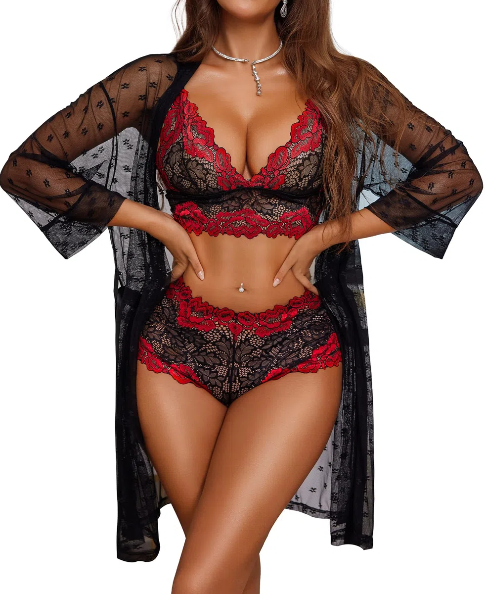 RSLOVE Lenceria Sexy para Mujer Conjunto de lenceria de encaje con albornoz de malla Conjunto de 3 piezas Ropa de dormir Ropa de dormir