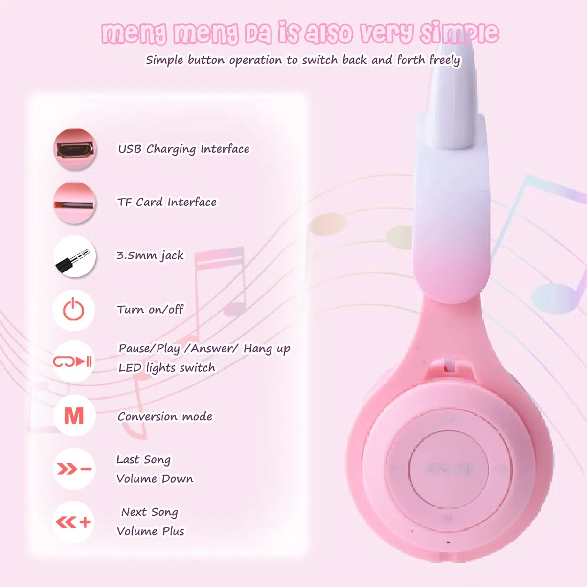 arVin Auriculares para niños, auriculares inalámbricos para niños con micrófono, orejas de gato con luz LED para niños, auriculares plegables sobre la oreja para niñas y niños