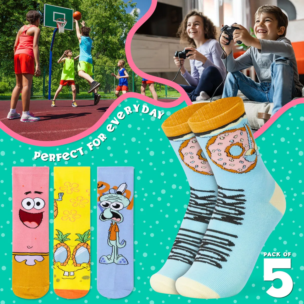 SPONGEBOB SQUAREPANTS Calcetines Bob Esponja Niños, Pack de 5 Calcetines Divertidos y Transpirables, Regalo Ideal, Dibujos Animados