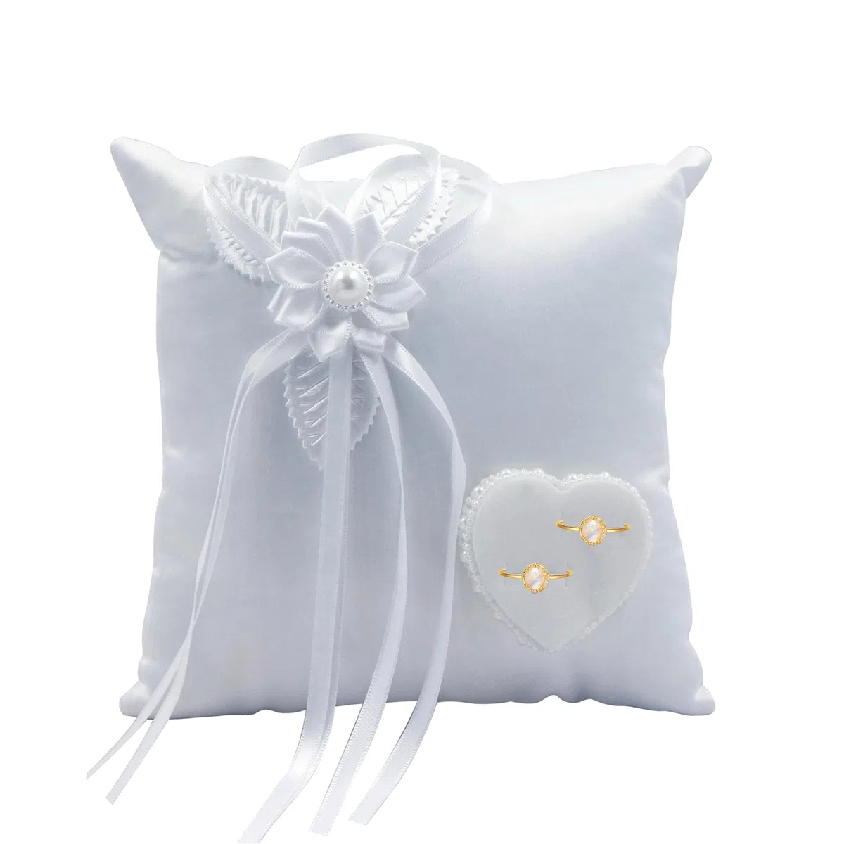 Cojin de Anillos Boda, Porta Alianzas Blanco Anillos de Boda Almohada 20x20cm con Cinta y Perlas Artificiales Accesorios de Compromiso de Boda (Cojin de Anillos 1)