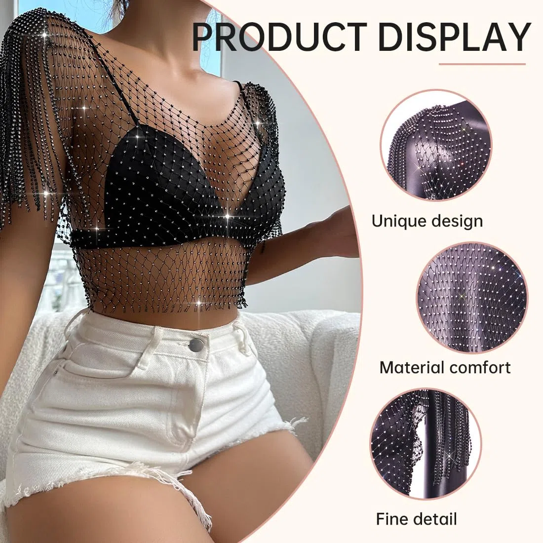 Cadena de cuerpo de malla de cristal hueco con diamantes de imitación negros, joyería corporal brillante, accesorios para el cuerpo para mujeres, niñas, discotecas, festivales