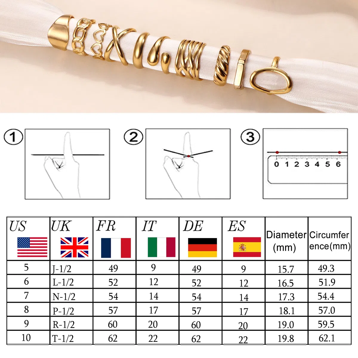Diamday Anillos Chunky Dorados para Mujeres de Acero Inoxidable 14K Ajustables Apilables con Diseño de Cúpula Grosor Trenzado Retorcido y de Nudillo para Dedos