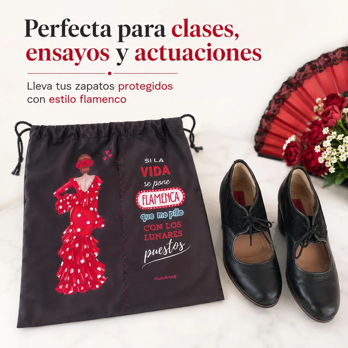 Bolsa para Zapatos Flamenca Macarena illustrArte – 40 x 40 cm – con Cordón de Cierre y Doble Compartimento – Separador para Cada Zapato – Bolsa de Viaje para Calzado
