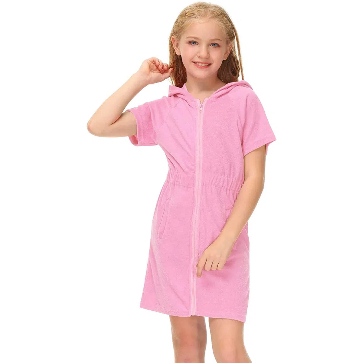 Bata de baño con capucha para niñas, con cremallera, vestido de playa, cintura elástica, color sólido, manga corta, para cubrir trajes de baño, bolsillos, batas envolventes, rosa, 10-11 años