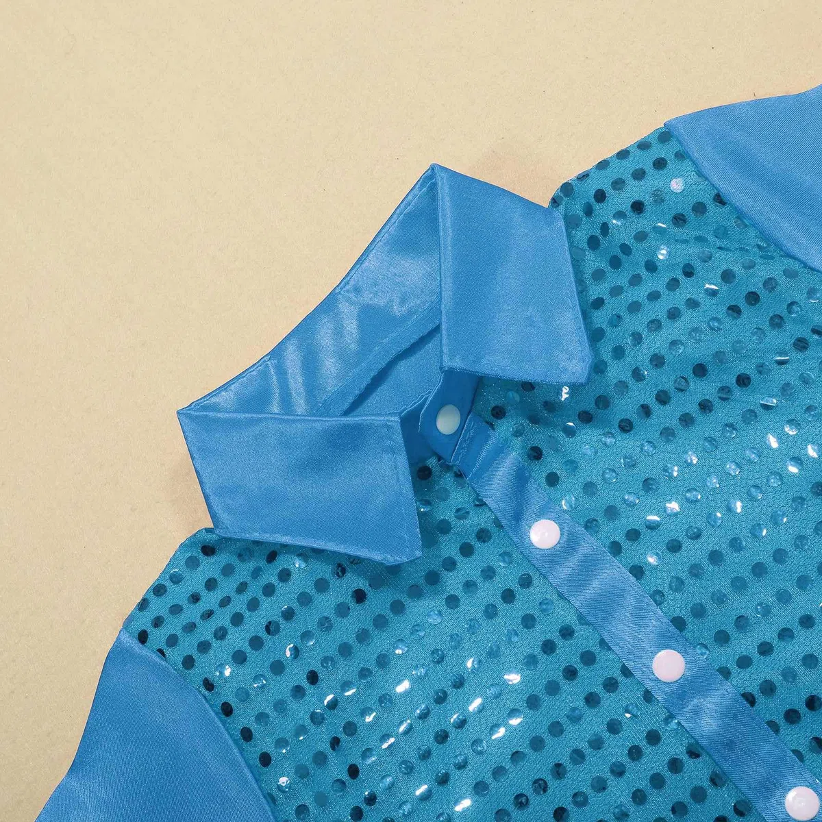 Camisa de manga larga para niños y niñas, con lentejuelas brillantes, camiseta de manga larga con botones para disfraz de danza de jazz, camisa blanca para niños, azul celeste, 7-8 años