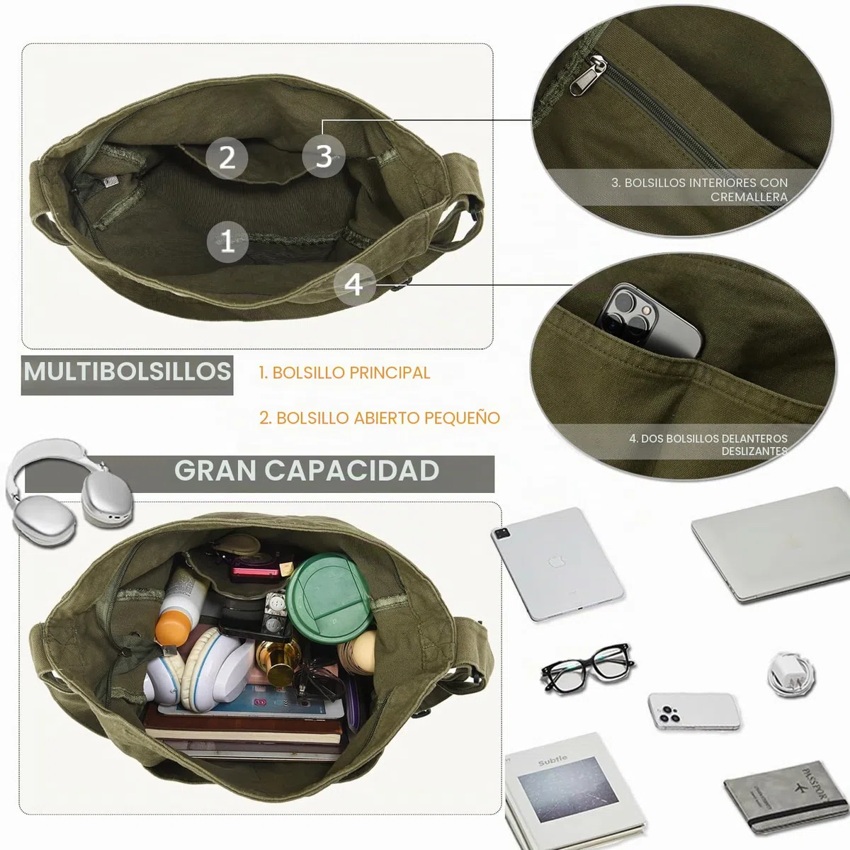 Bolsa de lona casual Hobo bandolera para mujeres y hombres, bolso grande de mensajero, bolsa de mensajero, viaje y trabajo