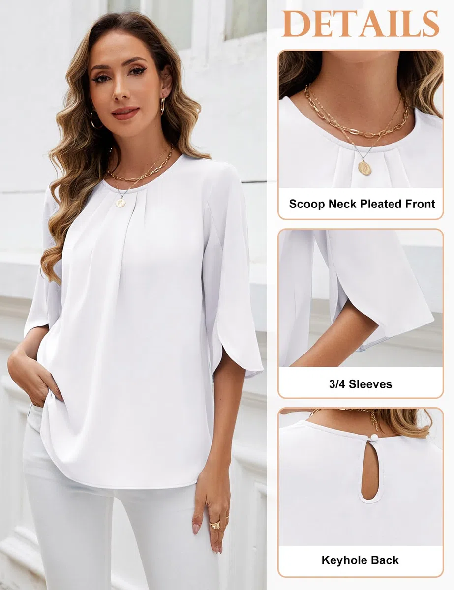 Camiseta Mujer con Cuello Redondo Volantes Elegante Blusa de Manga 3/4 Verano Camisa Suelto Basic Tops Casual de Color Sólido