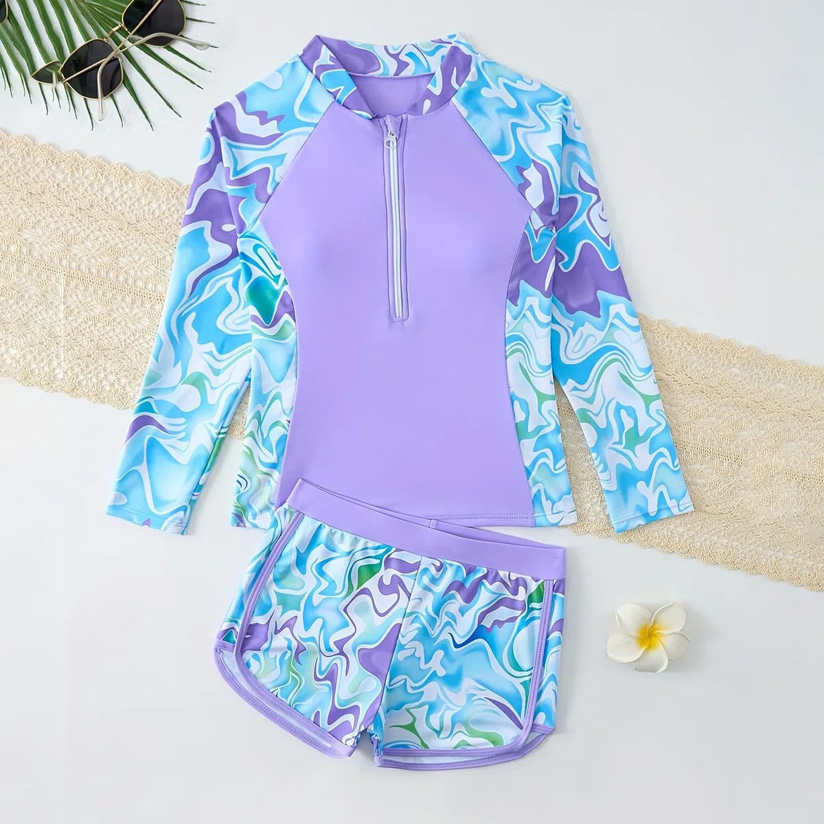 Generisch Traje de baño de manga larga de dos piezas para niña, conjunto Rashguard Surfing Buceo Adolescentes
