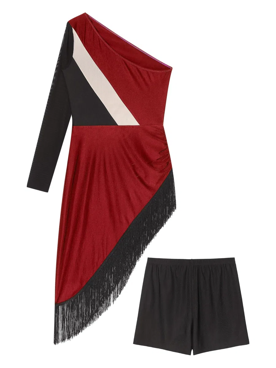 Alvivi Vestido de Patinaje Artístico para Mujer Vestido de Baile Latino Salsa con Leggings Cortos Elásticos Vestido Asimétrico de Manga Larga con Flecos S-XXL