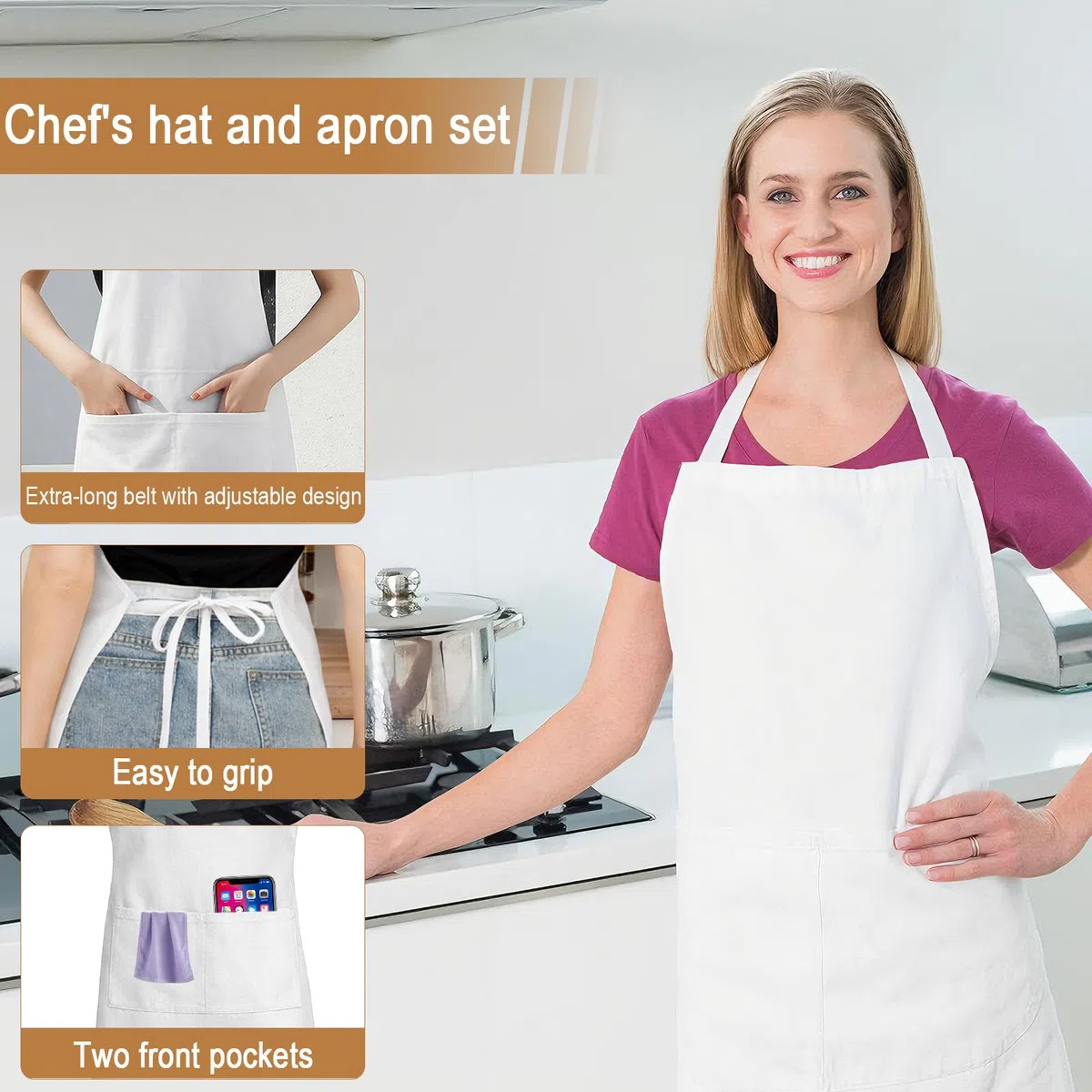 2 Gorros de Cocinero y 2 Delantales de Chef Adulto Unisex Color Blanco, Delantal de Trabajo Ajustable Impermeable con Doble Bolsillo, Set Completo para Cocina Profesional