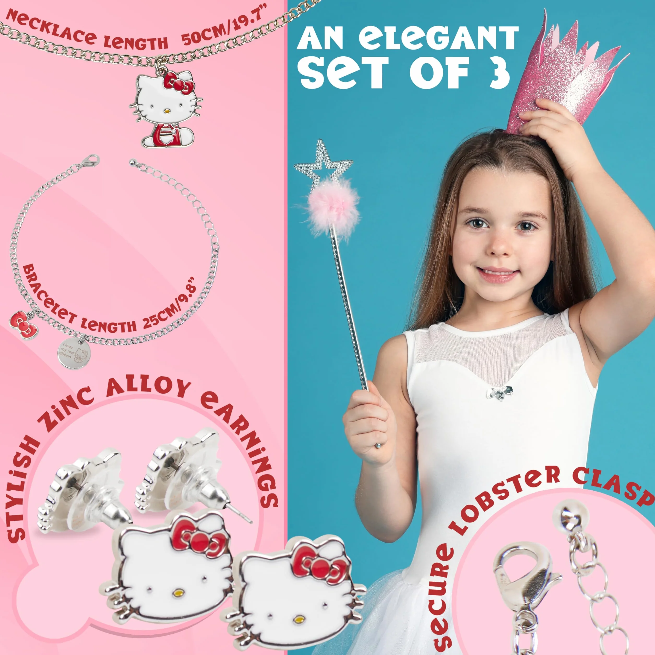 Hello Kitty Conjunto de Joyas para Niñas y Adolescentes – Colgante, Pulsera y Juego de Pendientes