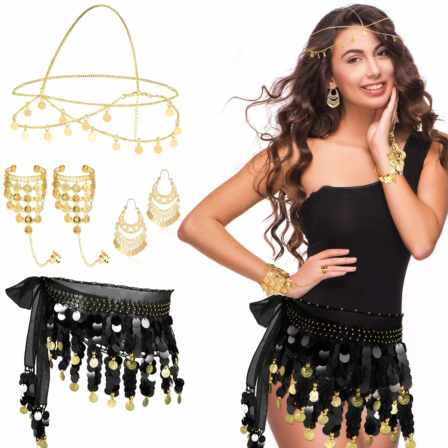 6 Piezas Bufanda de Cadera Mujer Danza del Vientre Faldas Lentejuelas Cadena de Pelo Pulseras Pendientes de Gota de Moneda Faldas Lentejuelas para Disfraz de Rendimiento Danza del Vientre