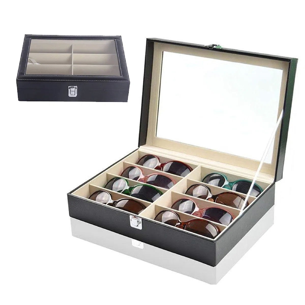 Caja Organizadora de Gafas con Tapa de Cristal y Cajones – Estuche Expositor de Gafas de Sol y Joyas, Cuero Sintético Premium, Gran Capacidad, para Hombre y Mujer (Una planta)