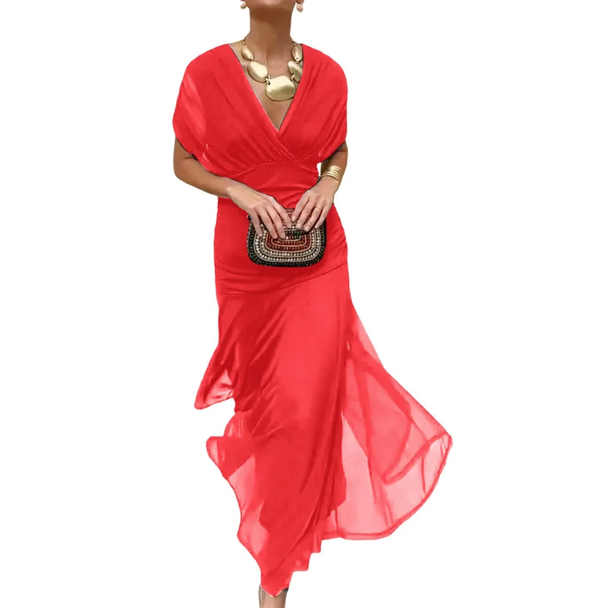 Vestido largo de gasa con hombros descubiertos para mujer, cuello en V profundo, manga corta, cintura fruncida, fluido, elegante, para fiesta de noche, cóctel, formal, vestido de invitada de boda