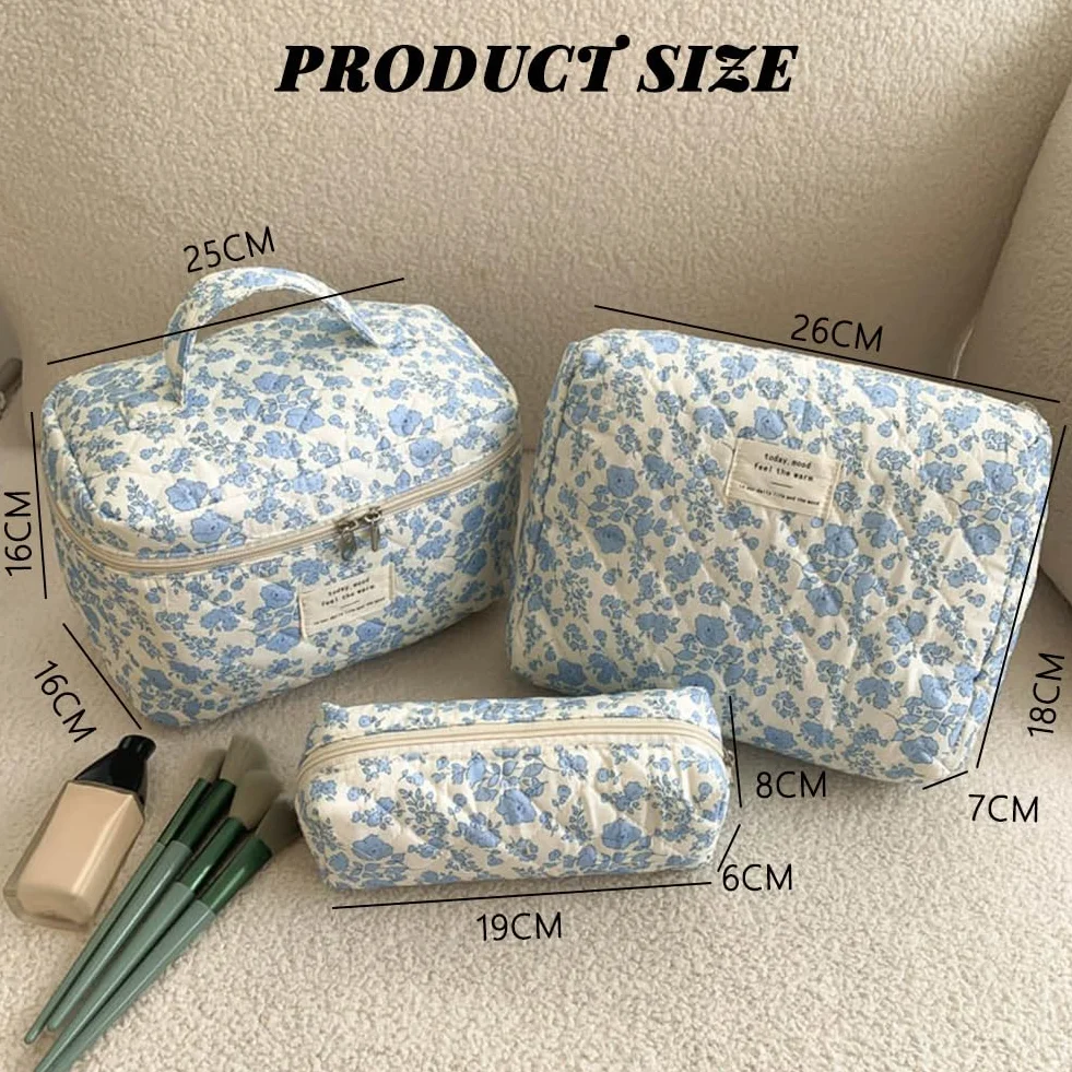 Aucuu 3PC Bolsa De Maquillaje De Algodón Floral - Grande Bolsa Cosméticos Acolchada para Viaje y Almacenamiento