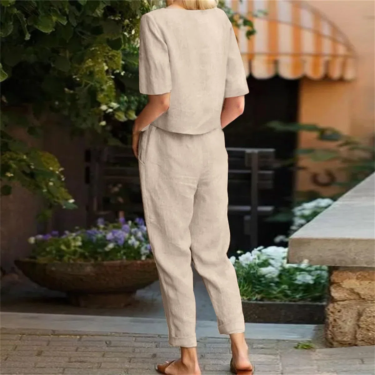 Conjunto Mujer Dos Piezas Casual Verano Elegante Lino Y Algodón Conjunto Deportivo Top Manga Corta Y Pantalones Cintura Alta Chandal Completo Loungewear Holgado Casa Trabajo Vacaciones Playa
